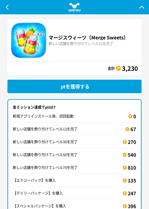 マージスウィーツ(Merge Sweets)の掲載記録画像(ワラウ(GF Rewards)・2026年9月16日)