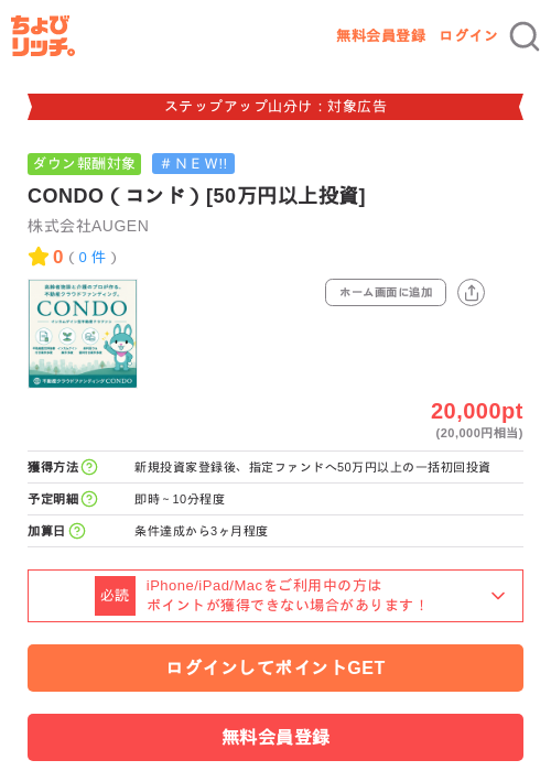 CONDO（コンド）[50万円以上投資]の掲載記録画像（ちょびリッチ・2026年9月18日）