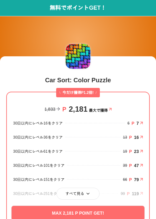 Car Sort: Color Puzzleの掲載記録画像(モッピー(SKYFLAG)・2026年9月18日)