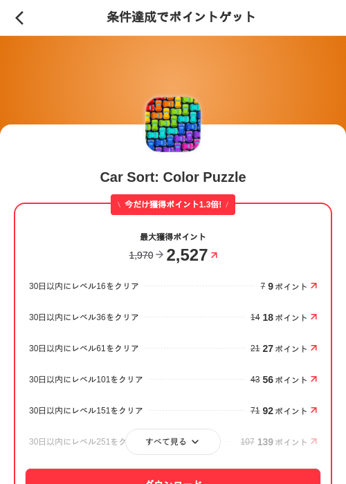Car Sort: Color Puzzleの掲載記録画像(メルカリ(ポイントミッション)・2026年9月18日)