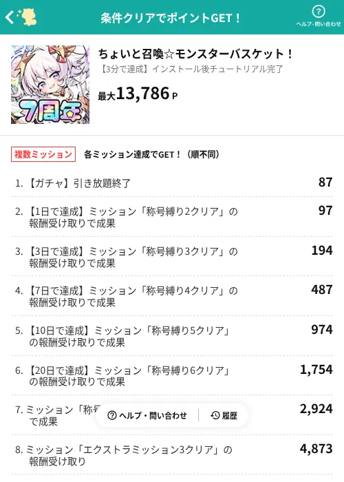 ちょいと召喚☆モンスターバスケット!の掲載記録画像(モッピー(AppDriver)・2026年9月18日)
