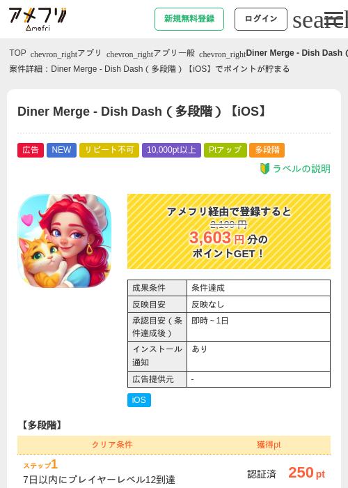 Diner Merge - Dish Dash（多段階）【iOS】の掲載記録画像（アメフリ・2026年9月24日）