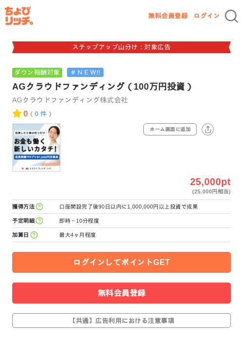 AGクラウドファンディング(100万円投資)の掲載記録画像(ちょびリッチ・2026年9月24日)