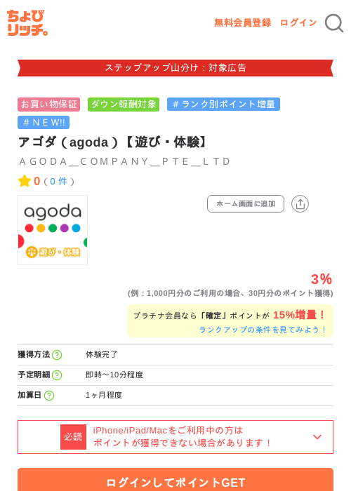 アゴダ（agoda）【遊び・体験】の掲載記録画像（ちょびリッチ・2026年9月24日）