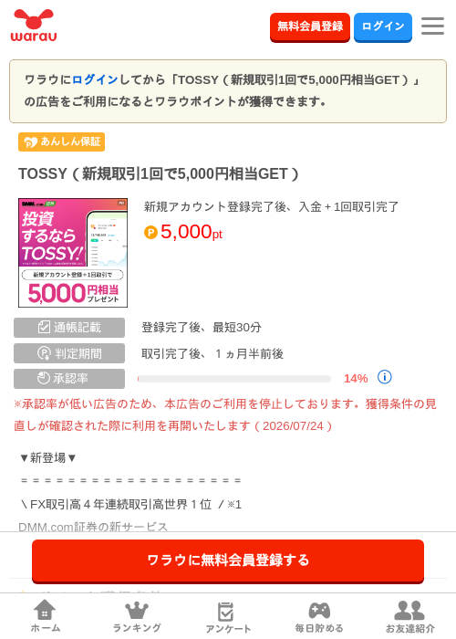 TOSSY（新規取引1回で5,000円相当GET）の掲載記録画像（ワラウ・2026年9月25日）