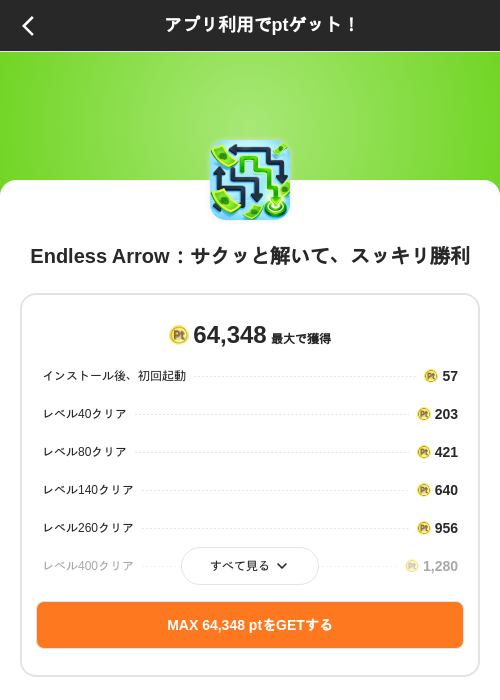 Endless Arrow：サクッと解いて、スッキリ勝利の掲載記録画像（ポイントインカム（SKYFLAG）・2026年9月25日）