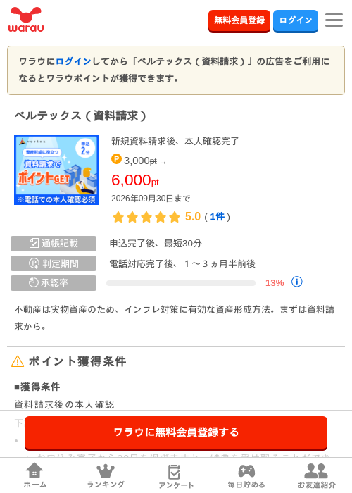 ベルテックス（資料請求）の掲載記録画像（ワラウ・2026年9月28日）