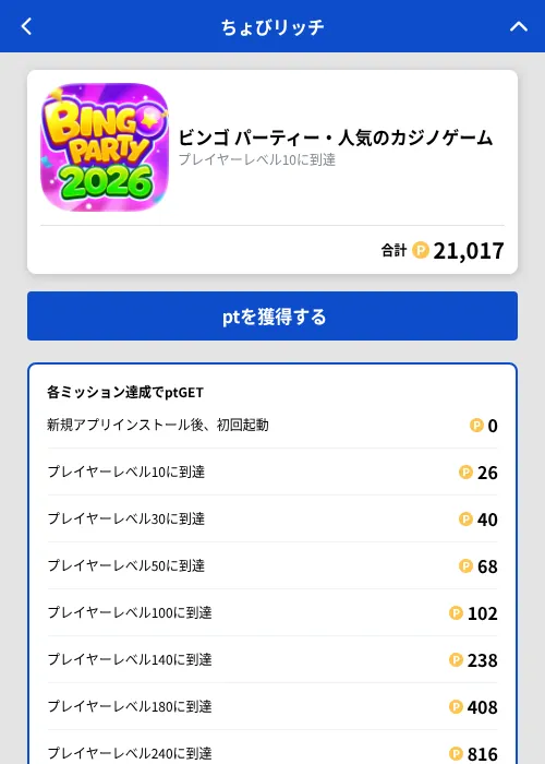 ビンゴ パーティー・人気のカジノゲームの掲載記録画像(ちょびリッチ(GF Rewards)・2026年9月29日)