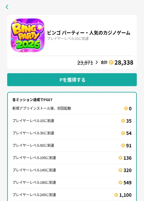 ビンゴ パーティー・人気のカジノゲームの掲載記録画像（モッピー（GF Rewards）・2026年9月29日）