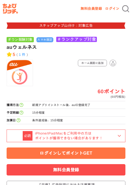 auウェルネスの掲載記録画像（ちょびリッチ・2026年9月30日）
