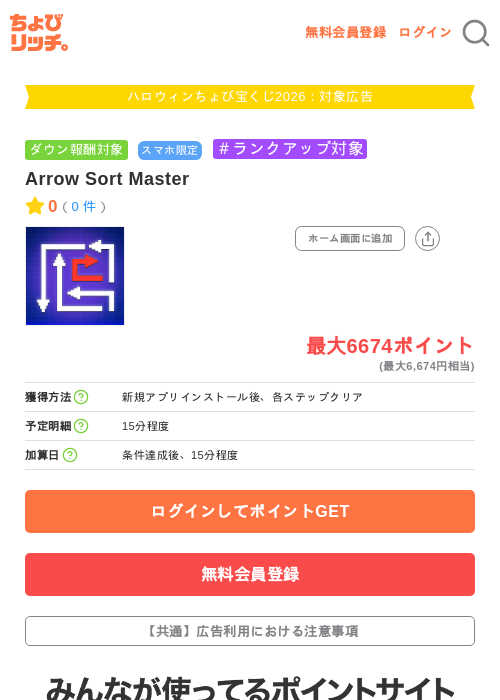 Arrow Sort Masterの掲載記録画像(ちょびリッチ・2026年10月2日)