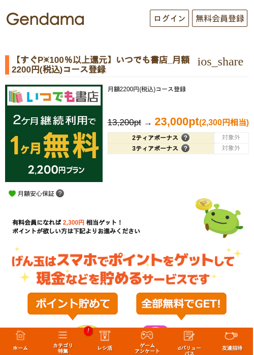 【すぐP※100％以上還元】いつでも書店_月額2200円(税込)コース登録の掲載記録画像（げん玉・2026年10月3日）