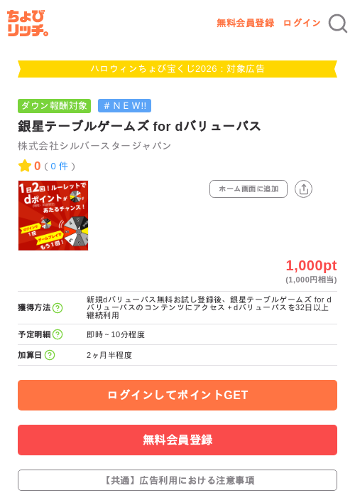 銀星テーブルゲームズ for dバリューパスの掲載記録画像（ちょびリッチ・2026年10月5日）