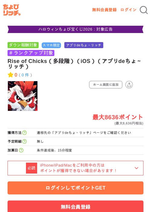 Rise of Chicks（多段階）（iOS）（アプリdeちょ～リッチ）の掲載記録画像（ちょびリッチ・2026年10月6日）