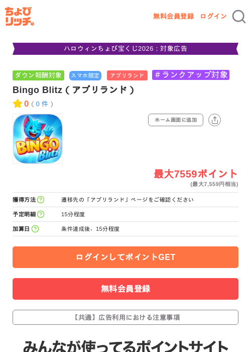 Bingo Blitz（アプリランド）の掲載記録画像（ちょびリッチ・2026年10月6日）