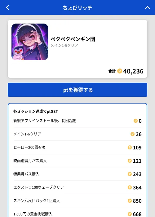 ペタペタペンギン団の掲載記録画像(ちょびリッチ(GF Rewards)・2026年10月7日)