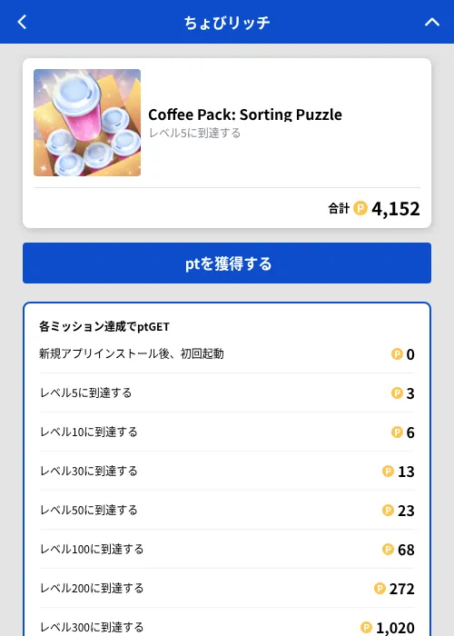 Coffee Pack: Sorting Puzzleの掲載記録画像（ちょびリッチ（GF Rewards）・2026年10月7日）