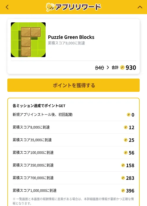 Puzzle Green Blocksの掲載記録画像（ポイ活倶楽部（GF Rewards）・2026年10月7日）