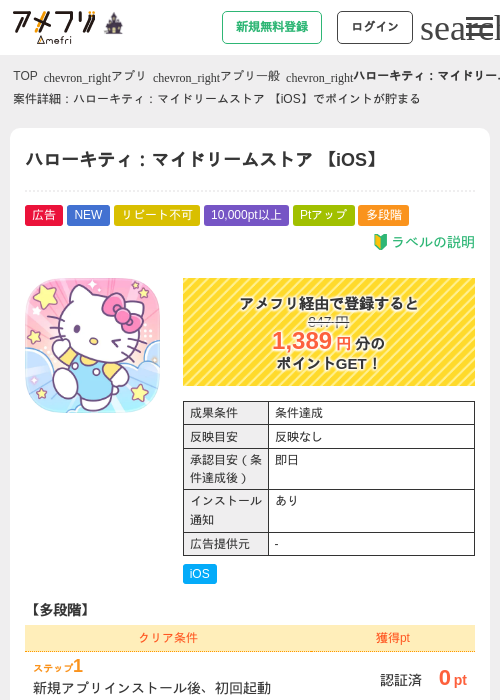 ハローキティ：マイドリームストア 【iOS】の掲載記録画像（アメフリ・2026年10月8日）