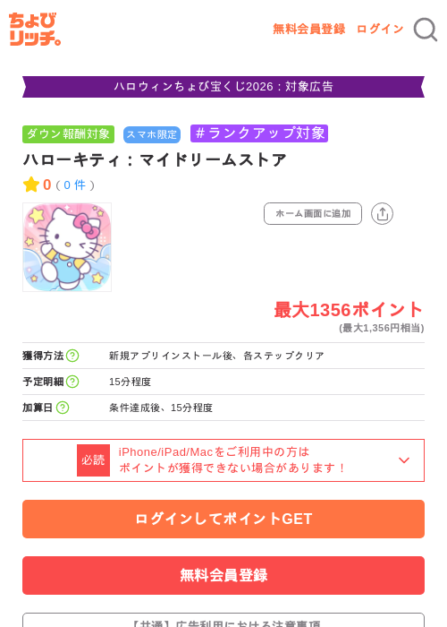 ハローキティ：マイドリームストアの掲載記録画像（ちょびリッチ・2026年10月8日）