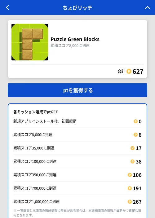 Puzzle Green Blocksの掲載記録画像（ちょびリッチ（GF Rewards）・2026年10月8日）