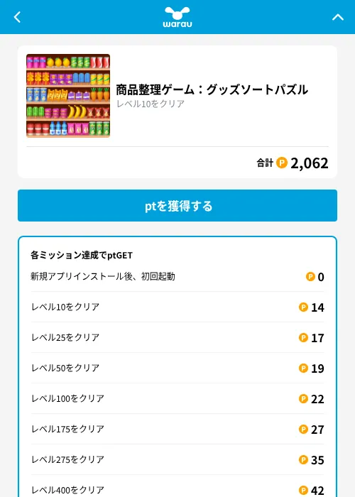 商品整理ゲーム：グッズソートパズルの掲載記録画像（ワラウ（GF Rewards）・2026年10月8日）
