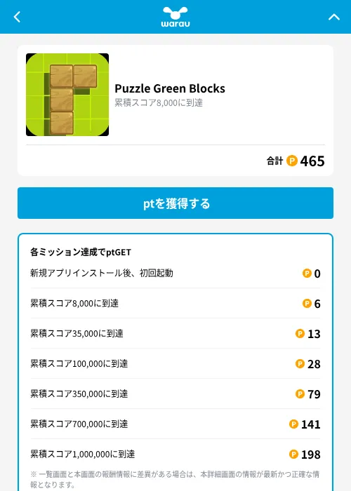 Puzzle Green Blocksの掲載記録画像（ワラウ（GF Rewards）・2026年10月8日）