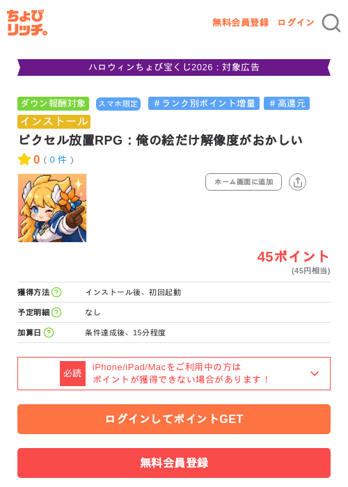 ピクセル放置RPG:俺の絵だけ解像度がおかしいの掲載記録画像(ちょびリッチ・2026年10月8日)