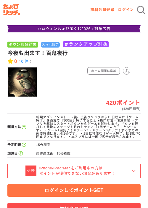 今夜も出ます！百鬼夜行の掲載記録画像（ちょびリッチ・2026年10月8日）