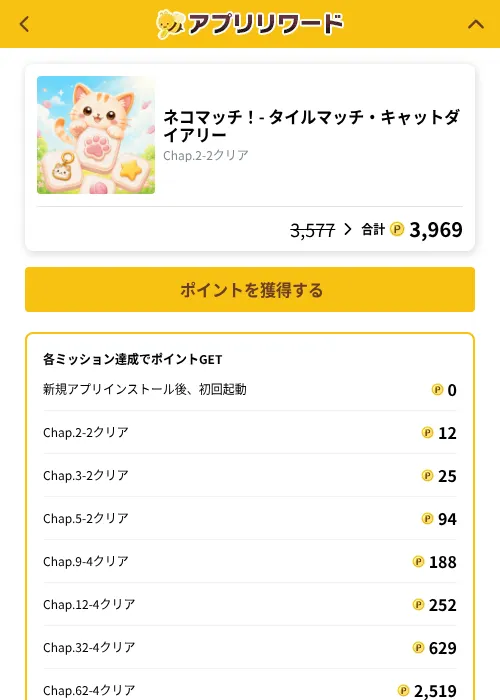 ネコマッチ！- タイルマッチ・キャットダイアリーの掲載記録画像（ポイ活倶楽部（GF Rewards）・2026年10月8日）