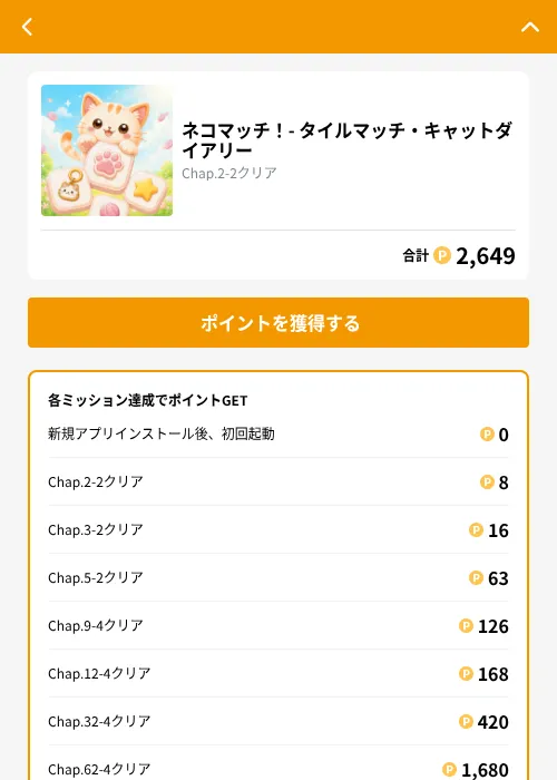 ネコマッチ！- タイルマッチ・キャットダイアリーの掲載記録画像（GMOポイ活（GF Rewards）・2026年10月8日）