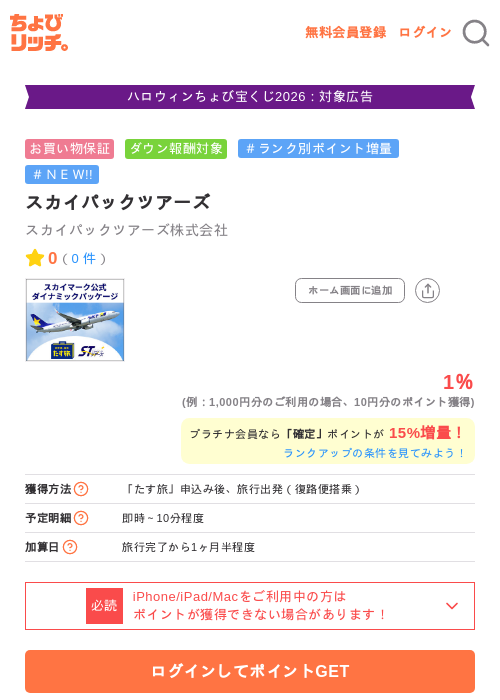 スカイパックツアーズの掲載記録画像（ちょびリッチ・2026年10月9日）