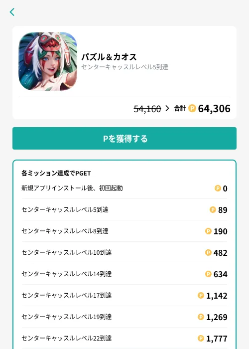 パズル＆カオスの掲載記録画像（モッピー（GF Rewards）・2026年10月10日）
