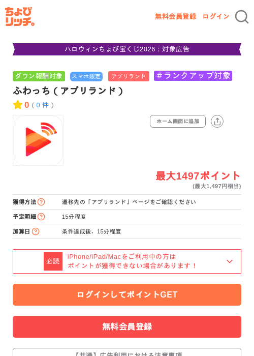 ふわっち（アプリランド）の掲載記録画像（ちょびリッチ・2026年10月10日）