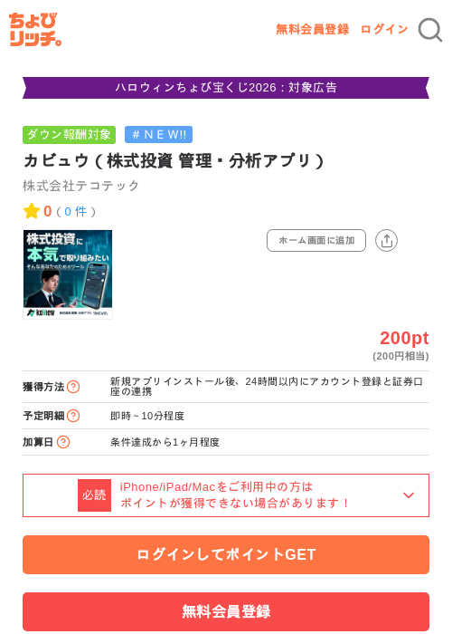 カビュウ（株式投資 管理・分析アプリ）の掲載記録画像（ちょびリッチ・2026年10月14日）