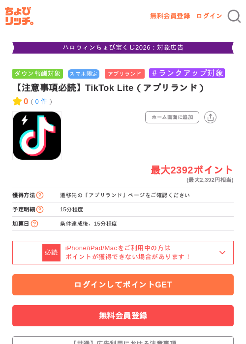【注意事項必読】TikTok Lite（アプリランド）の掲載記録画像（ちょびリッチ・2026年10月14日）