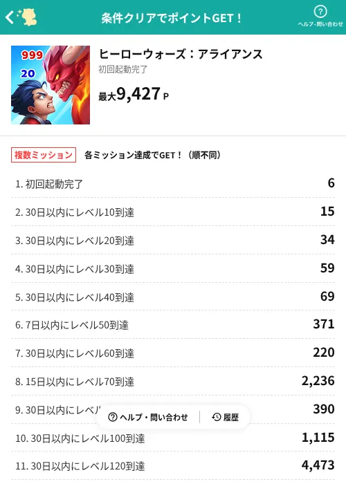 ヒーローウォーズ：アライアンスの掲載記録画像（モッピー（AppDriver）・2026年10月16日）