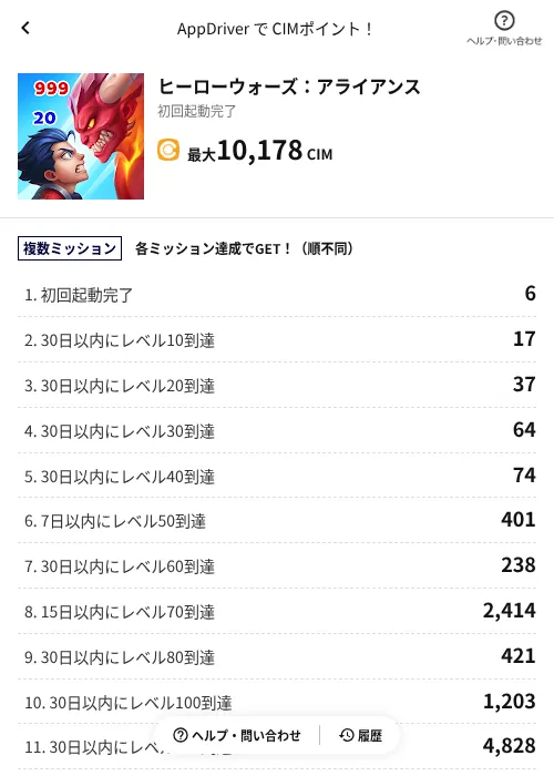 ヒーローウォーズ：アライアンスの掲載記録画像（COINCOME（AppDriver）・2026年10月16日）