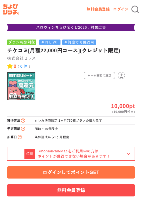 チケコミ[月額22,000円コース](クレジット限定)の掲載記録画像（ちょびリッチ・2026年10月16日）