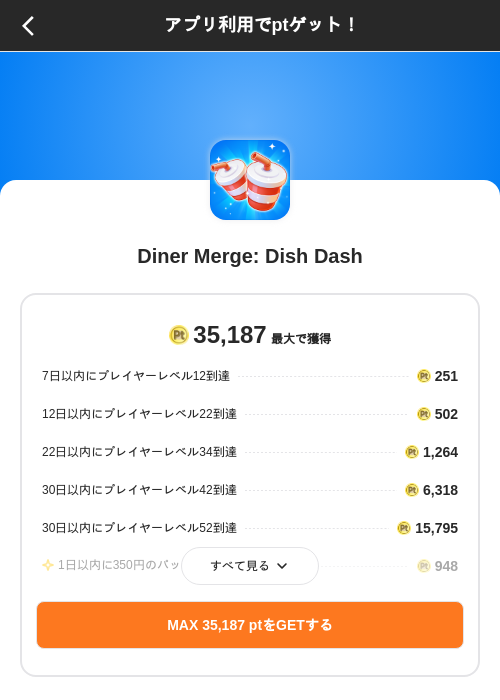 Diner Merge: Dish Dashの掲載記録画像（ポイントインカム（SKYFLAG）・2026年10月19日）