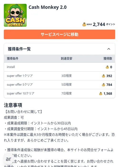 Cash Monkey 2.0の掲載記録画像（ちょびリッチ（Zucks）・2026年10月20日）