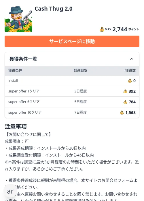 Cash Thug 2.0の掲載記録画像(ちょびリッチ(Zucks)・2026年10月20日)