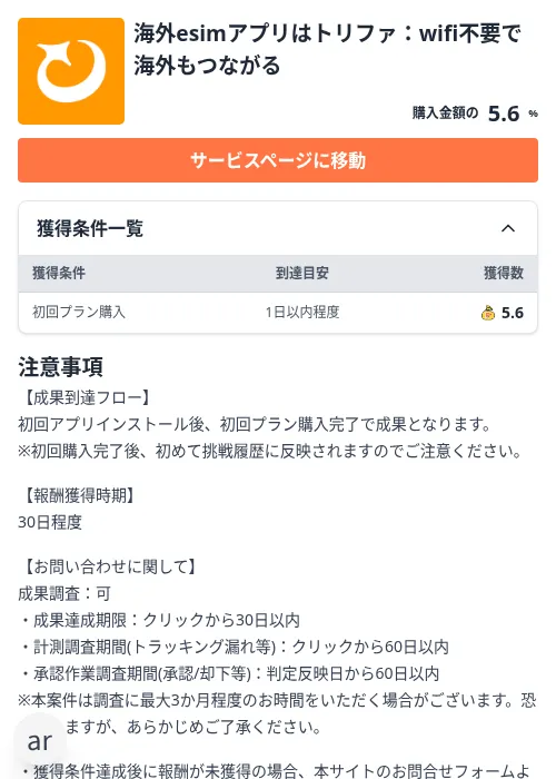 海外esimアプリはトリファ：wifi不要で海外もつながるの掲載記録画像（ちょびリッチ（Zucks）・2026年10月21日）