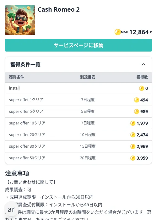 Cash Romeo 2の掲載記録画像（モッピー（Zucks）・2026年10月22日）