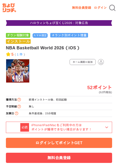 NBA Basketball World 2026（iOS）の掲載記録画像（ちょびリッチ・2026年10月23日）