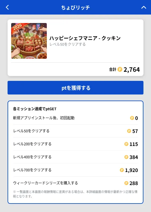ハッピーシェフマニア - クッキンの掲載記録画像（ちょびリッチ（GF Rewards）・2026年10月23日）