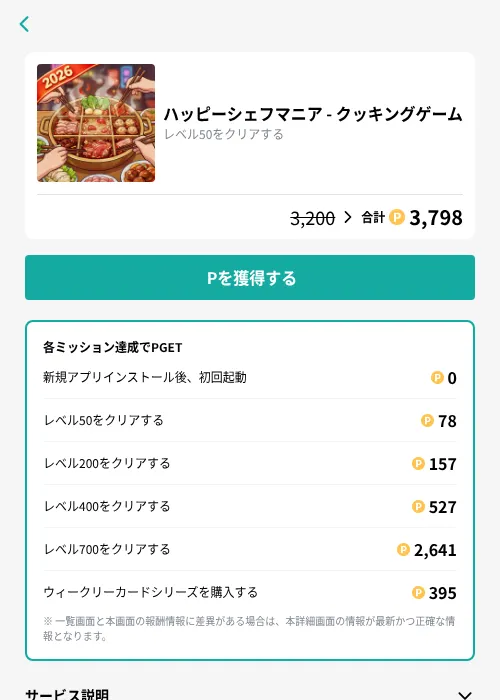 ハッピーシェフマニア - クッキングゲームの掲載記録画像（モッピー（GF Rewards）・2026年10月23日）
