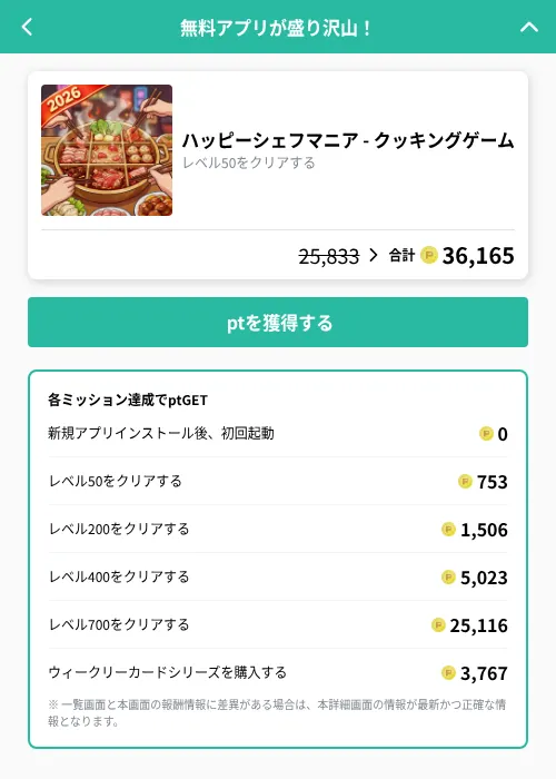 ハッピーシェフマニア - クッキングゲームの掲載記録画像（げん玉（GF Rewards）・2026年10月23日）