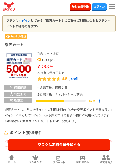 楽天カードの掲載記録画像（ワラウ・2026年10月24日）