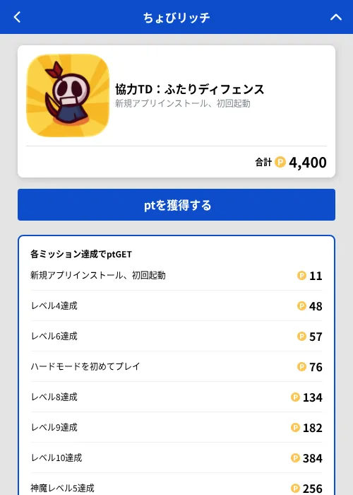 協力TD：ふたりディフェンスの掲載記録画像（ちょびリッチ（GF Rewards）・2026年10月24日）